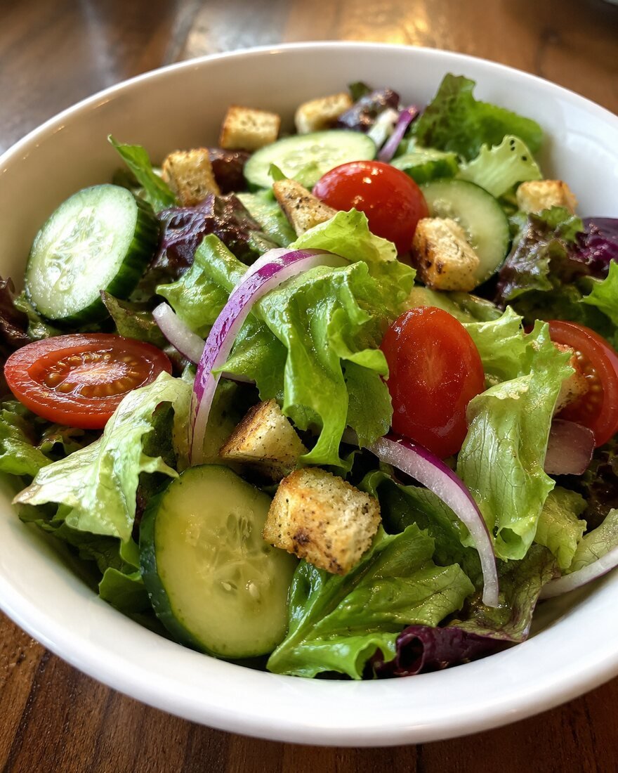 Fresh garden salad with tomato, cucumber and croutons